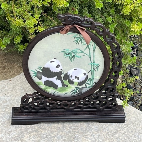 Chinese Panda Suzhou Table Silk Embroidery Double Sided‎ Wooden Screen - Picture 5 of 12